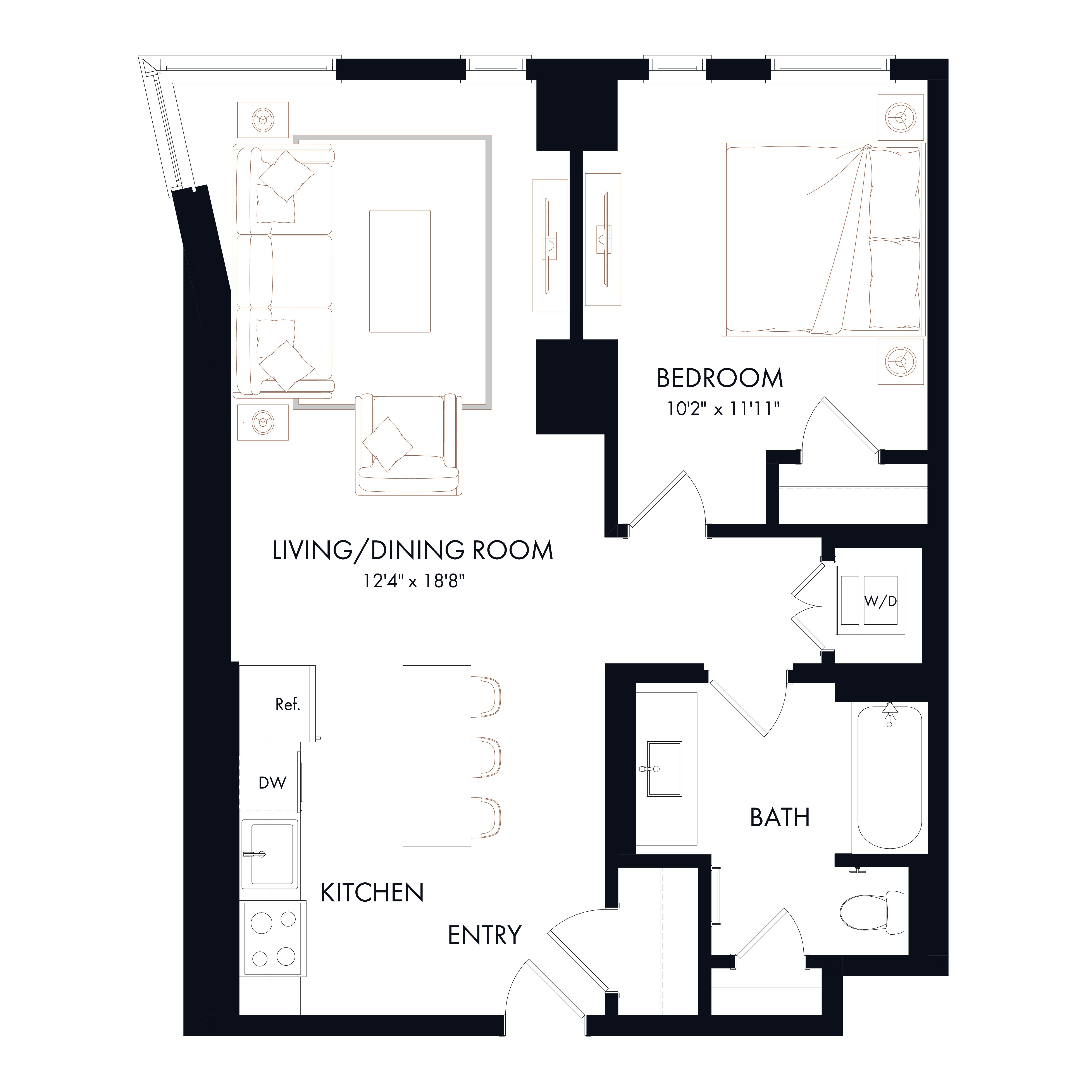 Floor plan layout diagram for A2 | 1 Bed | 1 Bath